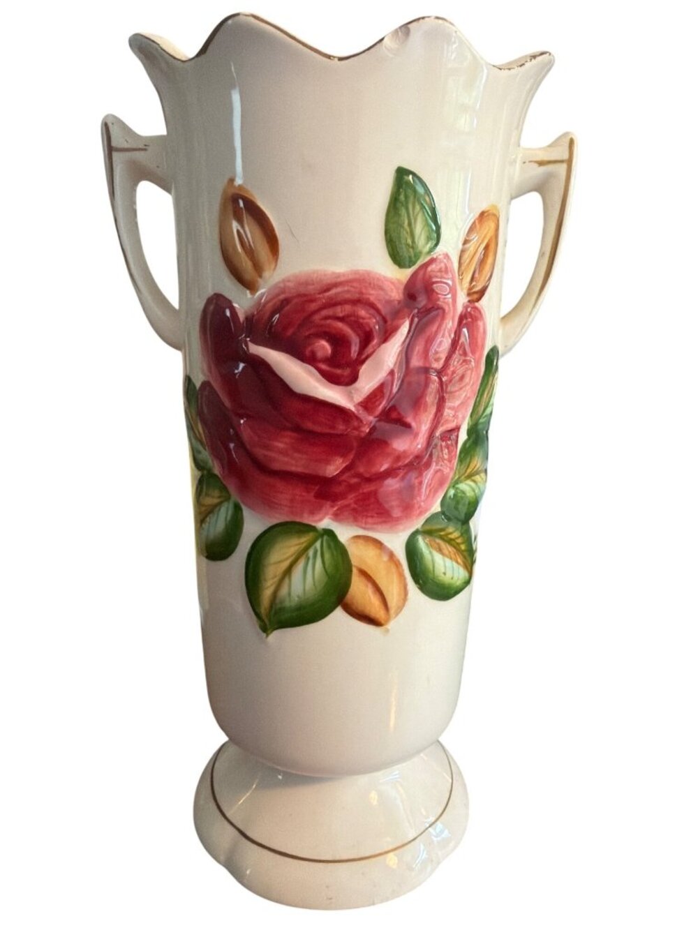 Vintage Hand Painted Tilso Ceramic Vase Raised Rose Leaf Double Handle 53/668 8"